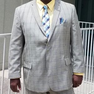 Mens Gray Plaid suit.hint of yellow and blue…